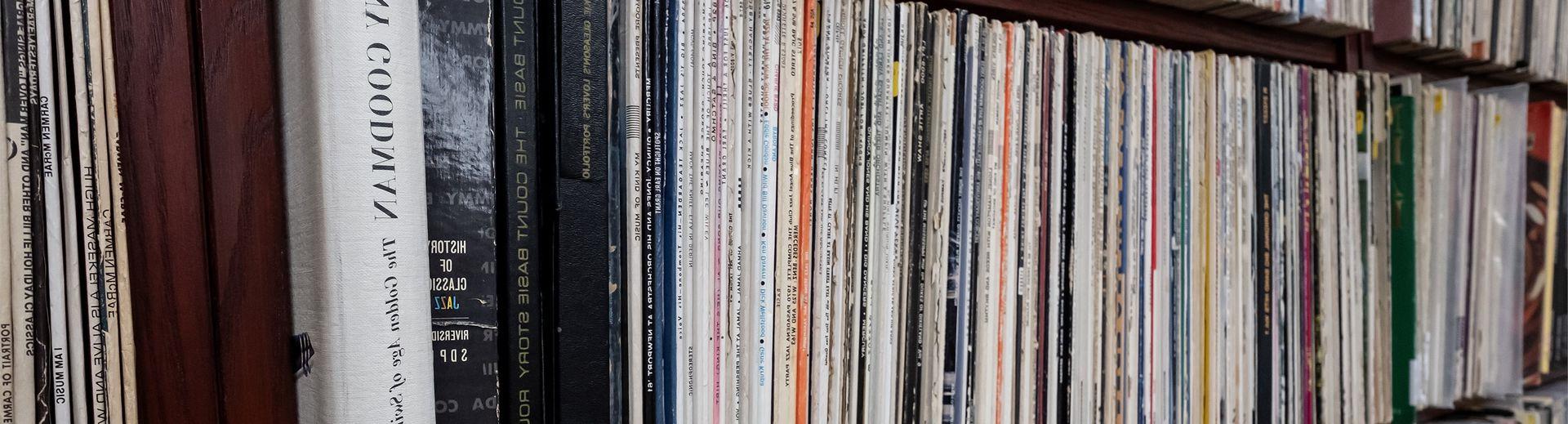 Shelves of records in the music library.